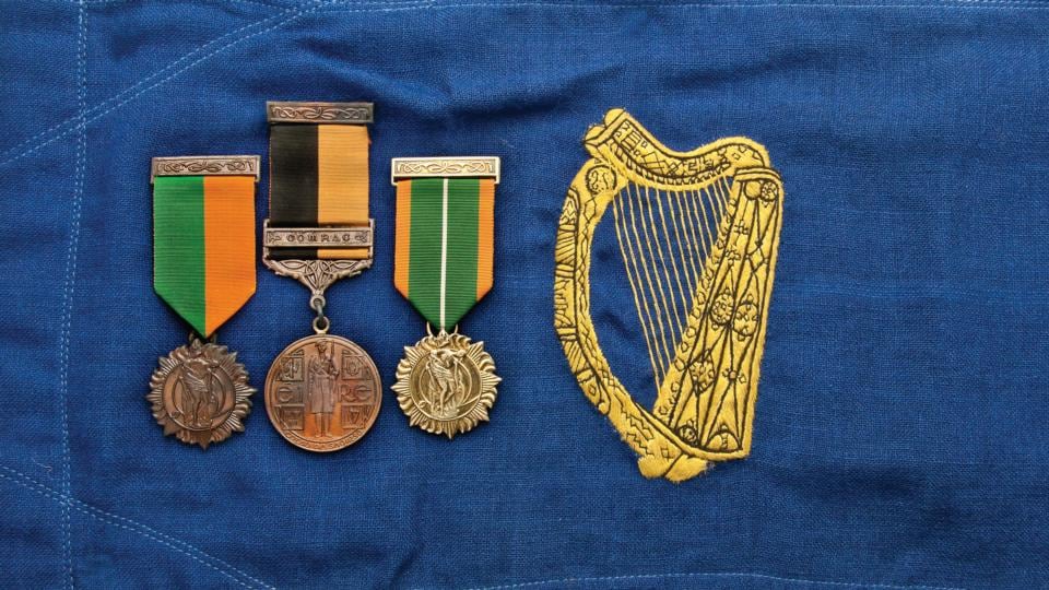 The medals of former president of Ireland Seán T O’Kelly against the pennant carried on the president’s car. Photograph: Spink