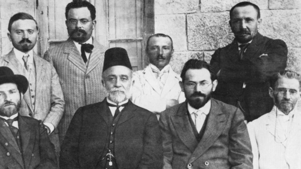 Members of the Hebrew Language Council, 1912. On the right is Lithuanian-born Jewish scholar and leader Eliezer Ben-Yehuda (1858-1922), the father of Modern Hebrew. Photograph: Jewish Chronicle/Heritage Images/Getty Images