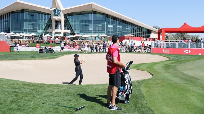 Belgium’s  Thomas Pieters  holes out from the bunker on the ninth hole during round two of the Abu Dhabi HSBC Golf Championship. Photograph: Ross Kinnaird/Getty Images