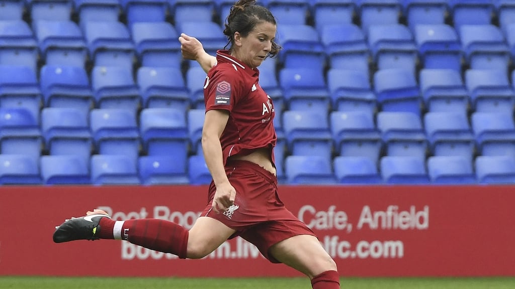 Liverpool’s Niamh Fahey in action against Manchester United during the Continental Cup game at Prenton Park. Photograph: Nick Taylor/Liverpool FC/Liverpool FC via ---Getty Images
