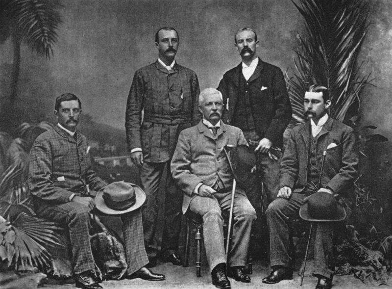 Thomas Heazle Parke, Robert H. Nelson, Henry M. Stanley, William G. Stairs, and Arthur J. M. Jephson, officers of the Advance Column of the Emin Pasha Relief Expedition, taken in Cairo 1890 after the expedition. Photograph: Henry M. Stanley’s ‘In Darkest Africa’/Wikimedia Commons