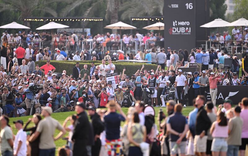 Rory McIlroy tees off on the 17th hole on day four of the Hero Dubai Desert Classic at Emirates Golf Club in Dubai, United Arab Emirates. Photograph: Ross Kinnaird/Getty Images