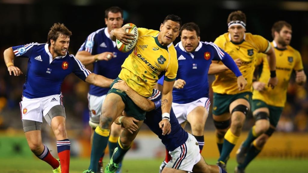 Australia’s Israel Folau in possession against France during the second Test match at the Etihad Stadium in Melbourne, Australia. Photo: Mark Nolan/Getty Images