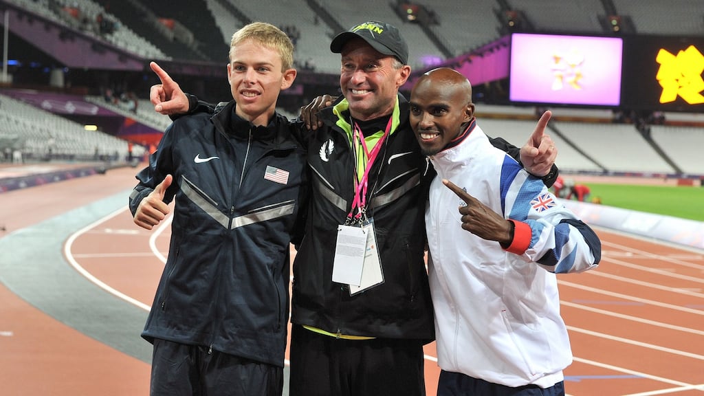 Coach Alberto Salazar with athletes Mo Farah (right) and Galen Rupp. Photograph: PA.