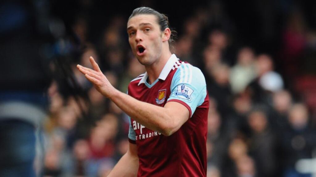 Andy Carroll of West Ham United reacts as he is sent off after a clash with Chico Flores of Swansea City last Saturday. Photo: Mike Hewitt/Getty Images