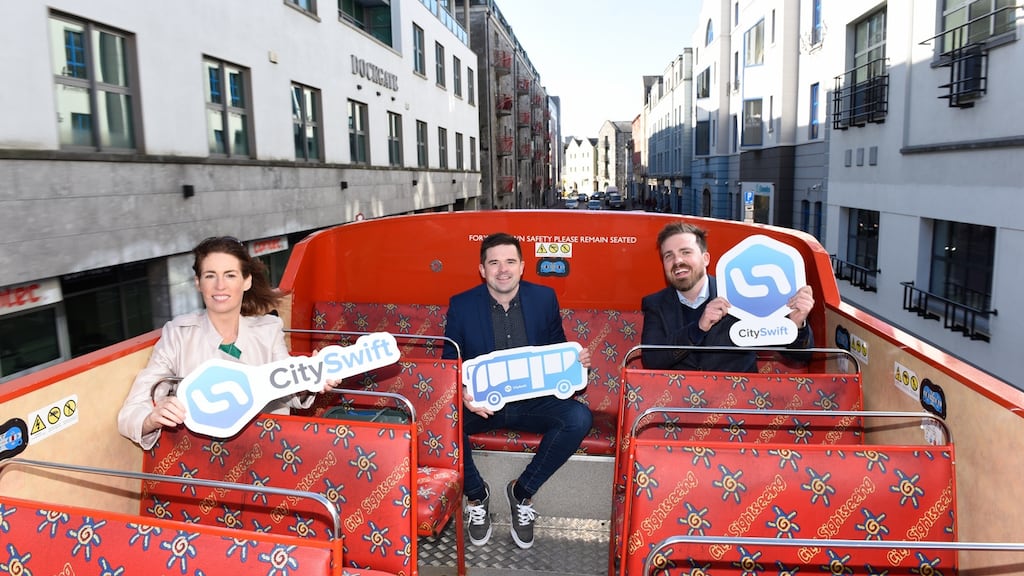 Hildegarde Naughton, Minister of State at the Department of Transport with CitySwift co-founders Alan Farrelly and Brian O’Rourke