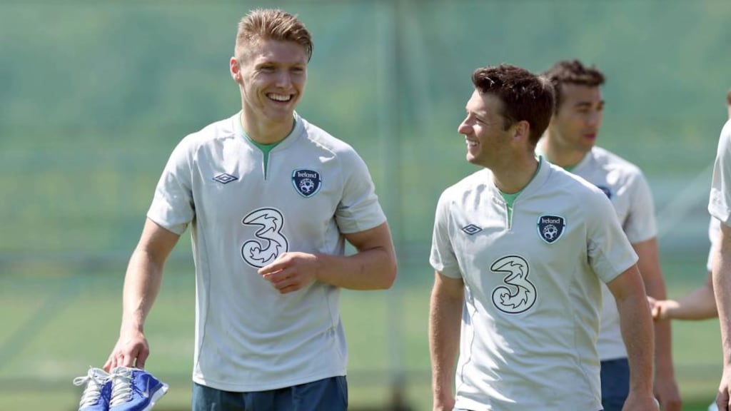 Jeff Hendrick and Wes Hoolahan at Malahide today. Photograph: Donall Farmer/Inpho