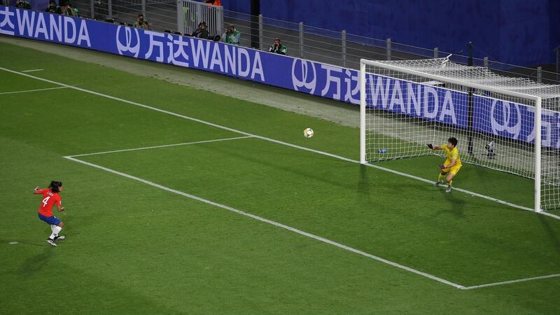 Chile’s Francisca Lara misses a penalty during the Women’s World Cup Group F match against Thailand at Roazhon Park in Rennes, France. Photograph: Richard Heathcote/Getty Images