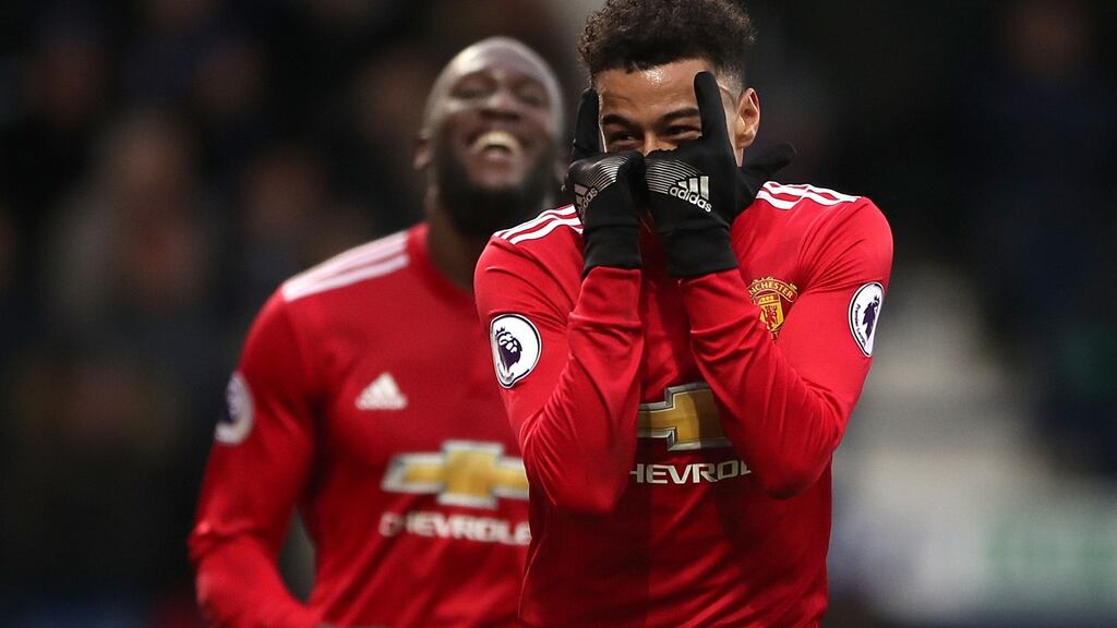 Manchester United’s Jesse Lingard celebrates after scoring at The Hawthorns. Photograph: PA