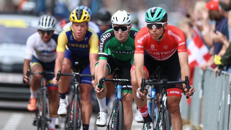 Ireland’s Rory Townsend rides in a breakaway during the the men’s elite cycling road race. Photograph: Kenzo Tribouillard/AFP via Getty Images