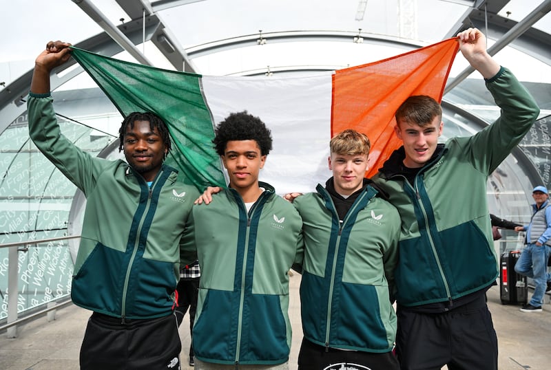 Members of the Republic of Ireland, from left, Charles Akinrintayo, Victor Ozhianvuna, Brody Lee and Alex Noonan. Photograph: Stephen McCarthy/Sportsfile