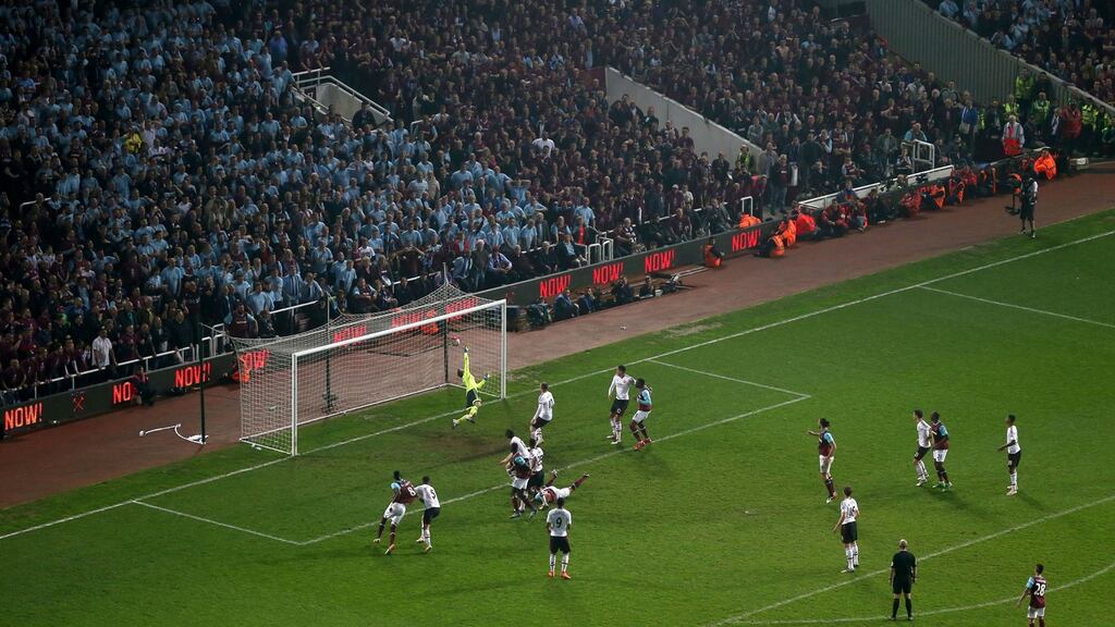 West Ham United’s Winston Reid scores his side’s third goal during the last Premier League game played at Upton Park against Manchester United. Photograph: Adam Davy/PA Wire
