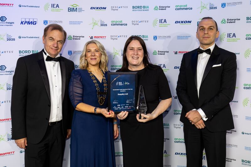 Simon McKeever and Gabrielle White of the Irish Exporters Association; Anne Butterly of Easydry Ltd, winner of the sustainable trade exporter of the year category; and Cian Maher, senior account manager, client strategy, The Irish Times. Photograph: Karl Hussey Photography