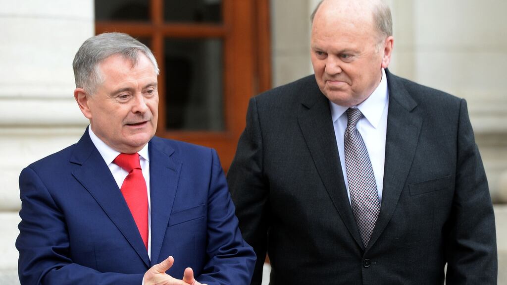 Minister for Public Expenditure and Reform Brendan Howlin and Minister for Finance Michael Noonan presenting Budget 2016 at Government Buildings. Photograph: Eric Luke / The Irish Times