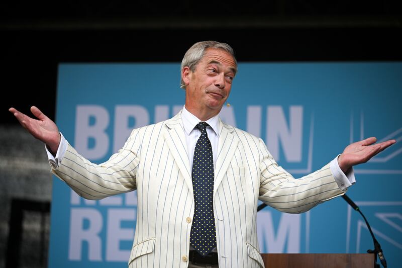 Reform UK leader Nigel Farage speaking during an election campaign event last year in Newton Abbot, England. Photograph: Finnbarr Webster/ Getty Images