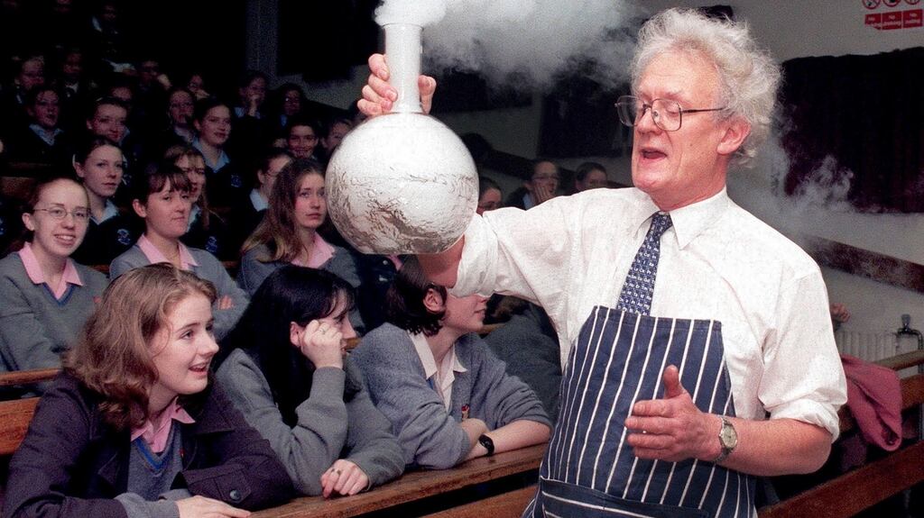Dr Roy Plevey from the School of Chemistry, University of Birmingham, performs an experiment with liquid nitrogen during the science exhibition at the Dublin Institute of Technology. Photograph: Paddy Whelan