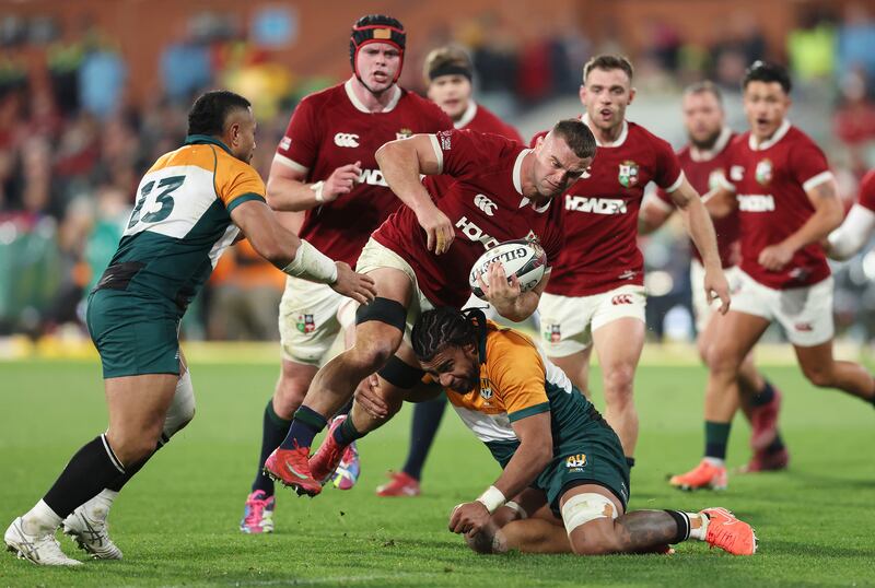 Ben Earl of British & Irish Lions is tackled by Hoskins Sotutu. Photograph: Matt King/Getty