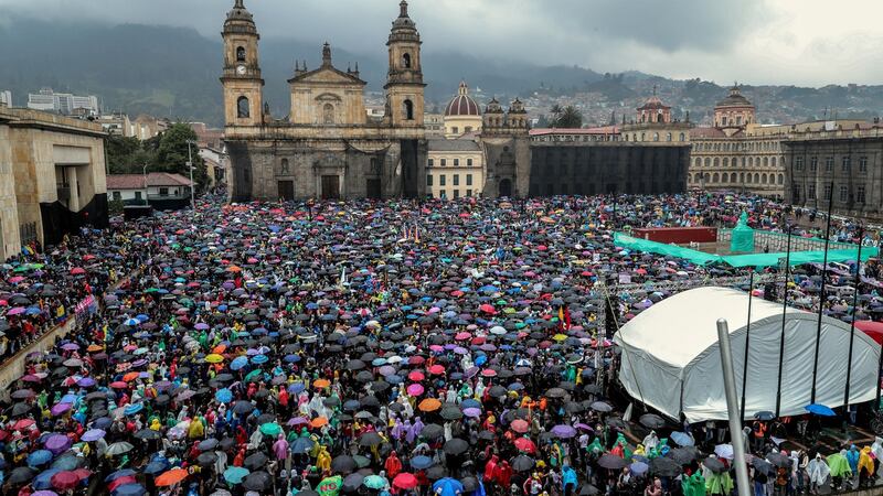 Thousands of people take part in a protest during the National Strike, in the Bolivar Square of Bogota on Thursday. Photograph: Diego Bauman/EPA