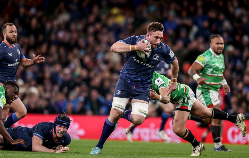 Leinster's Jack Conan makes a break against the Leicester Tigers at the Investec Champions Cup Round of 16 at the Aviva Stadium in Dublin last weekend. Photograph: ©INPHO/Dan Sheridan