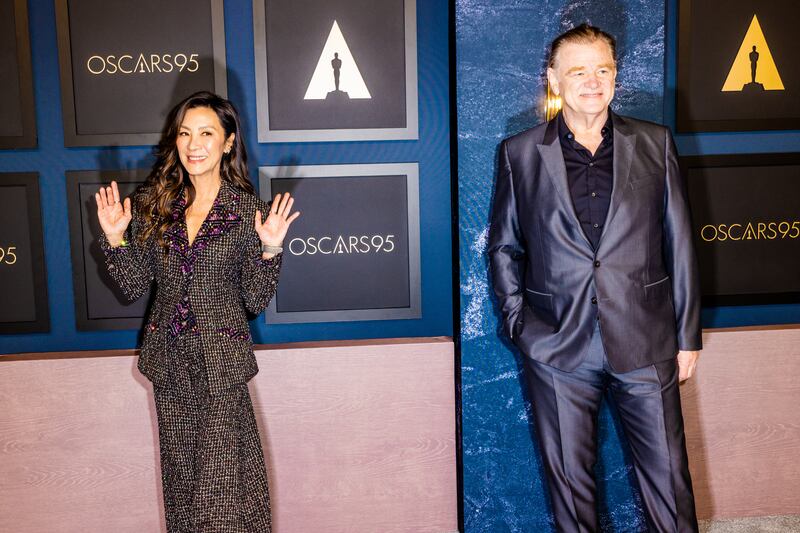 Michelle Yeoh, who features in Everything Everywhere All at Once, and The Banshees of Inisherin actor Brendan Gleeson. Photograph: Roger Kisby/The New York Times