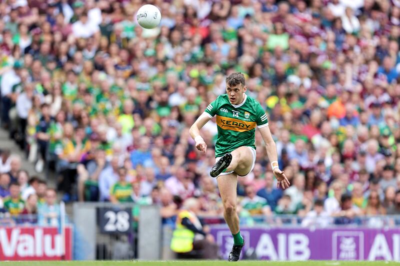 Kerry's David Clifford takes a free during the All-Ireland SFC Final against Galway at Croke Park. Photograph: Laszlo Geczo/Inpho