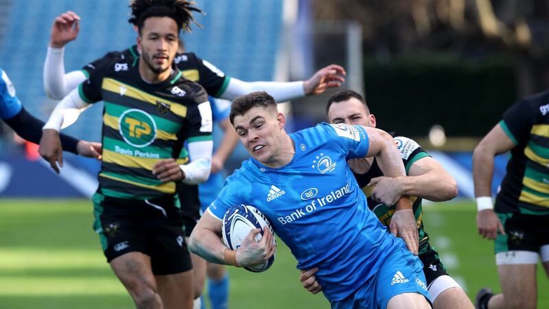 Leinster’s Garry Ringrose is tackled by Northampton’s Tom James during the Heineken Champions Cup match at the RDS. Photograph: Lorraine O’Sullivan/PA Wire