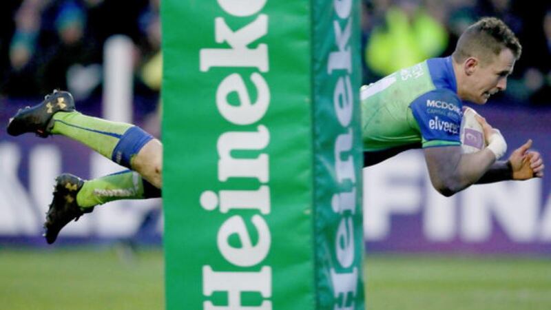 Matt Healy crosses for one of his four tries against Brive. Photograph: Bryan Keane/Inpho