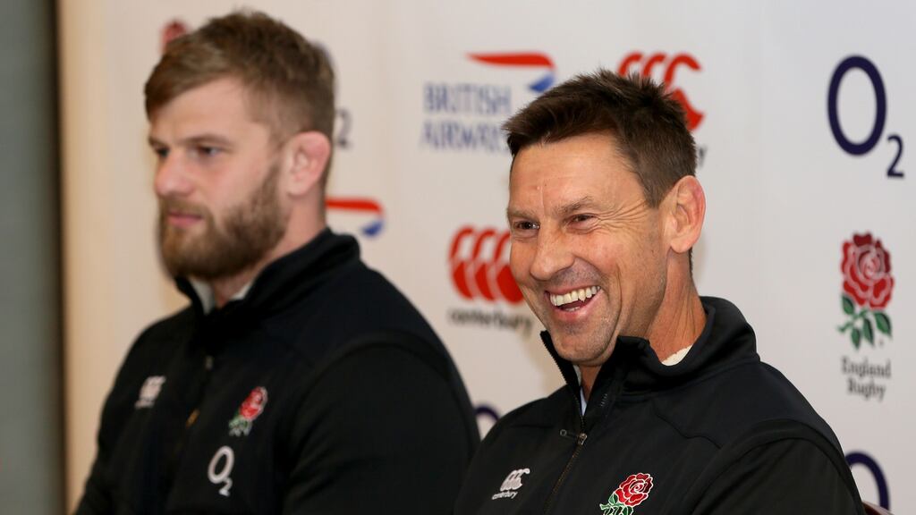 England attack coach Scott Wisemantel with lock George Kruis at a press conference in Dublin on Friday. Photograph: Paul Faith/AFP/Getty Images