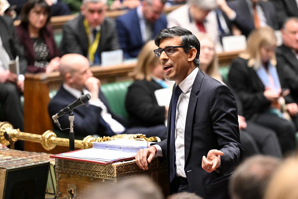 British prime minister Rishi Sunak during prime minister's questions on Wednesday. Political opponents accused him of insensitively exploiting a family tragedy with his transgender jibe. Photograph: UK Parliament/Maria Unger/PA Wire