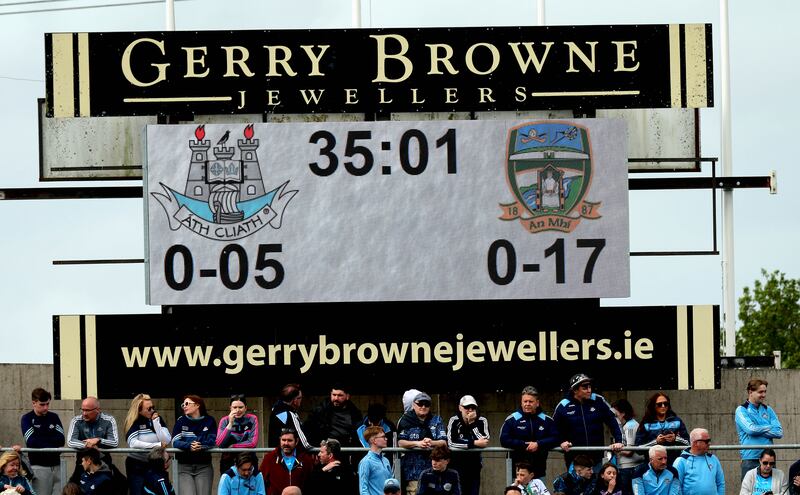 A view of the half-time score in Portlaoise. Photograph: Ryan Byrne/Inpho