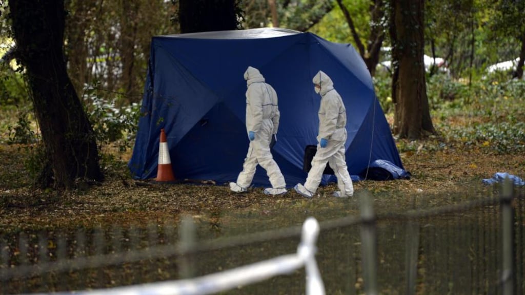 Members of the Gardai Technical Bureau Crime Scene Investigations unit arrive at the scene in the Phoenix Park, by the Wellington Monument, where the body of a man was found burned in a sleeping bag in the early hours of this morning. Photograph: Alan Betson/The Irish Times