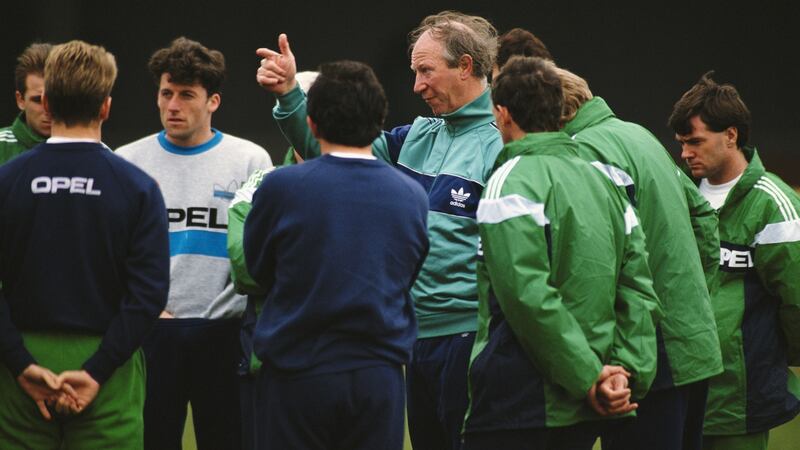 Jack Charlton speaks to his Ireland players during a training session in 1991. Photo: Shaun Botterill/Getty Images