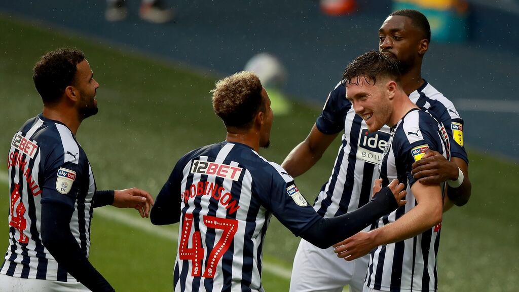 Dara O’Shea (right) of West Bromwich Albion celebrates with his team-mates after scoring against Derby County at The Hawthorns on Wednesday. Photograph: David Rogers/Getty Images