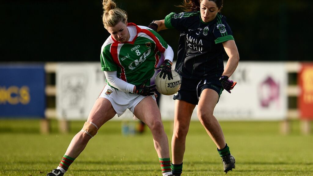 Carnacon’s Fiona McHale in action against Sinéad Goldrick of Foxrock Cabinteely during the All-Ireland senior club semi-final at Bray Emmets in Co Wicklow. Photograph: Sam Barnes/Sportsfile