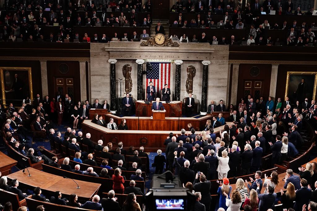US president Donald Trump addresses a joint session of Congress at the Capitol in Washington. Photograph: Haiyun Jiang/New York Times