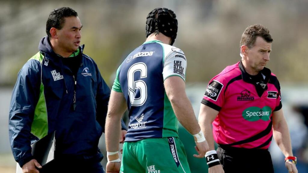 Connacht head coach Pat Lam and John Muldoon with referee Nigel Owens at the Galway Sportsgrounds. Photograph: James Crombie/Inpho