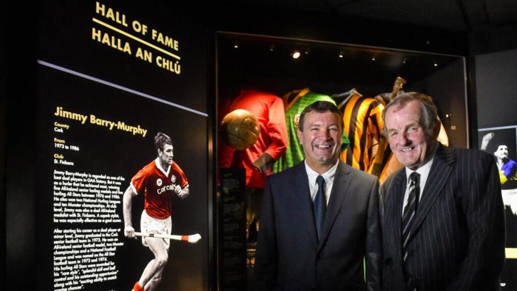 Cork’s Jimmy Barry Murphy (left) and Dublin legend Jimmy Keaveney, who were inducted into the GAA Museum Hall of Fame at Croke Park, Dublin. Photograph: Matt Browne/Sportsfile.