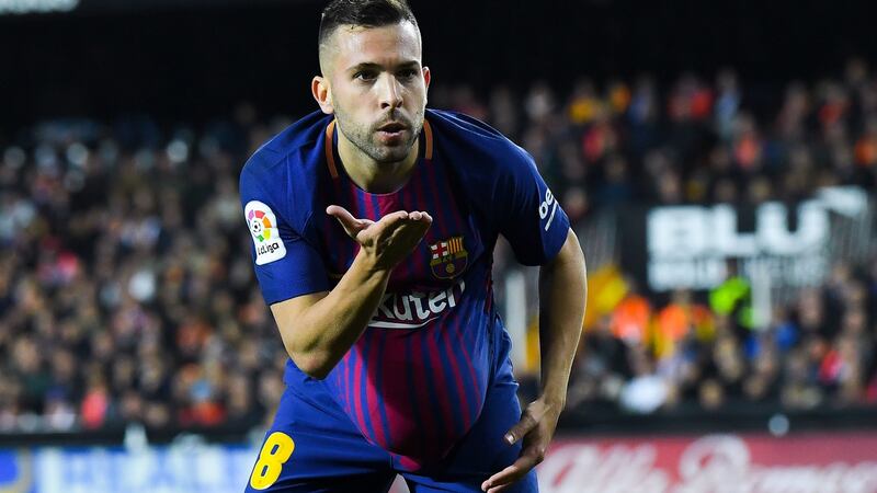 Jordi Alba celebrates after scoring for Barcelona. Photo: David Ramos/Getty Images