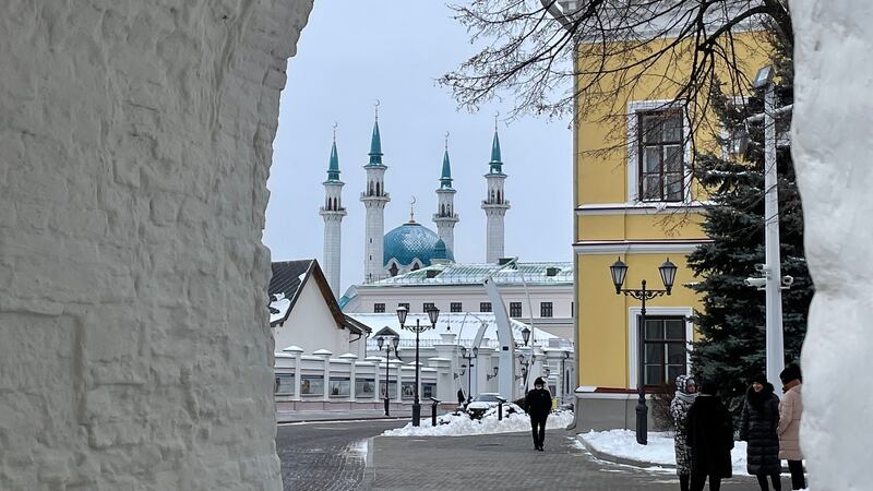 Looking through an archway in the Kremlin in Kazan, a Russian city on the Volga river, towards the Kul Sharif mosque. Photograph: Daniel McLaughlin