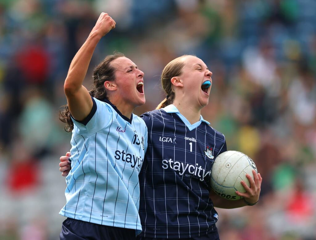 Dublin’s Hannah Tyrrell and Abby Shiels celebrate after winning the Leinster final against Meath. Photograph: James Crombie/Inpho