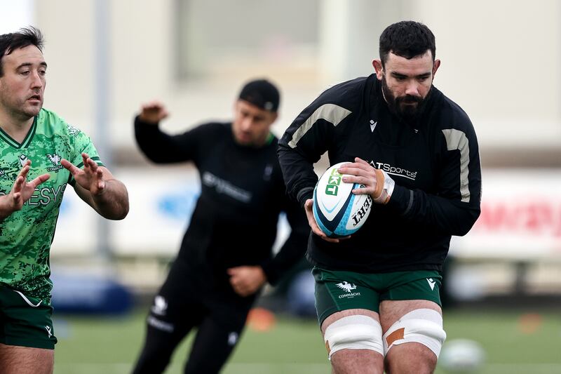 Denis Buckley with Paul Boyle during a Connacht training session. Photograph: Ben Brady/Inpho