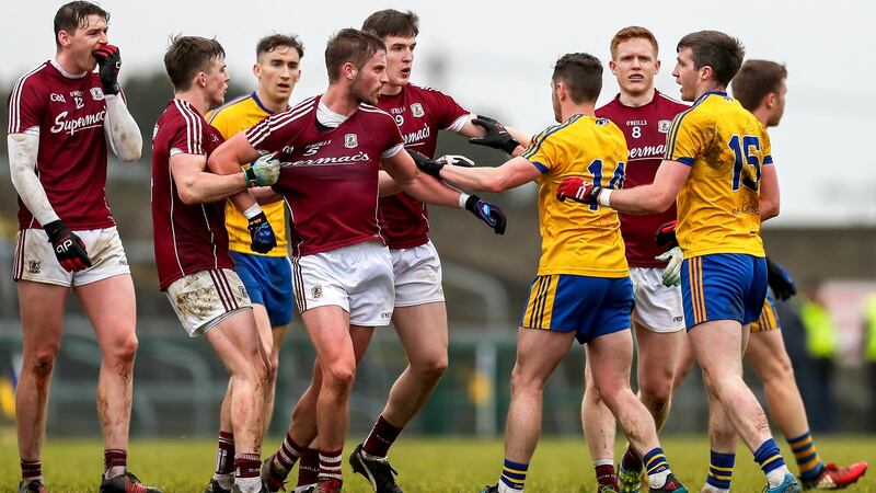 Tempers flare between Roscommon and Galway players during the Connacht FBD League final at Hyde Park in February. Photograph: Laszlo Geczo/Inpho