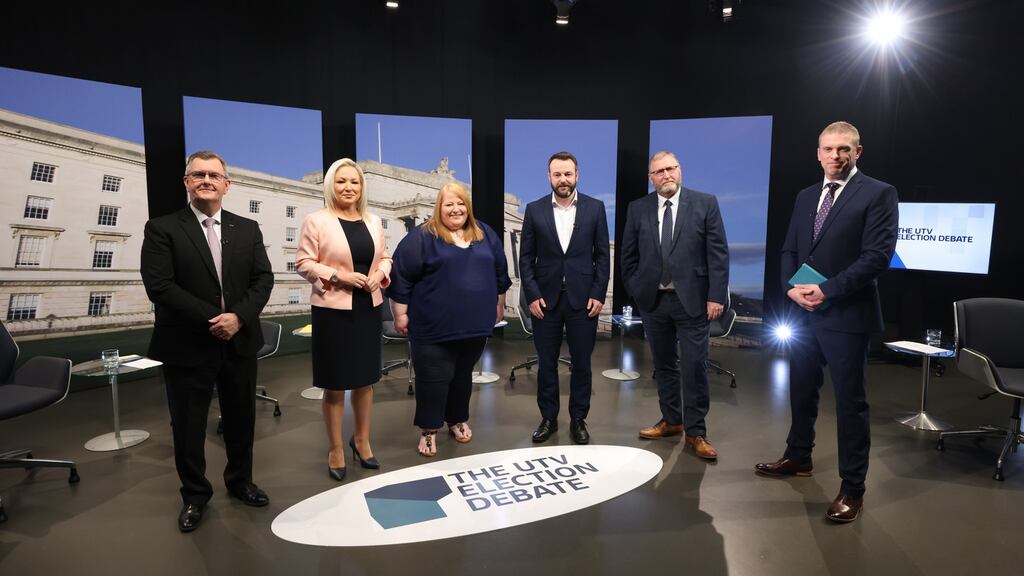 DUP leader Jeffrey Donaldson, Sinn Féin’s vice-president Michelle O’Neill, Alliance Party leader Naomi Long, SDLP leader Colum Eastwood, Ulster Unionist Party  leader Doug Beattie and  UTV presenter Marc Mallett in Belfast for the UTV election debate on Sunday. Handout photograph:  Press Eye/PA Wire