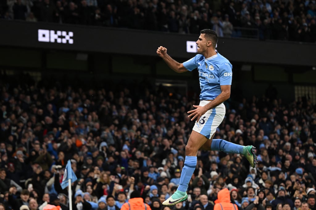 Rodri celebrates scoring for Manchester City during the Premier League game against Sheffield United. Photograph: Oli Scarff/AFP via Getty Images