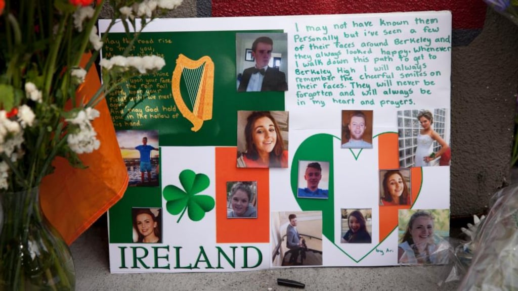 A message left near the scene of the  balcony collapse  which killed six Irish students in Berkeley, California: Fr Brendan McBride said he was heartbroken for the suffering of the families of those affected by the tragedy. Photograph: Peter DaSilva/EPA