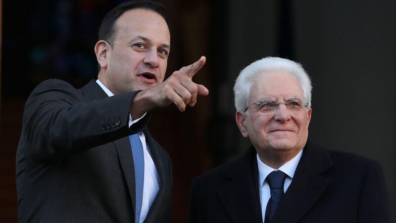 Taoiseach Leo Varadkar greets Mr Mattarella at Government Buildings in Dublin. Photograph: Brian Lawless/PA Wire