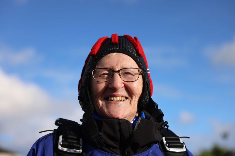 Mary McDonnell - a 75 year old from Co Tipperary - who did a tandem skydive with her son Michael to raise funds for two charities working in Gaza. Photograph: Dara Mac Dónaill/The Irish Times