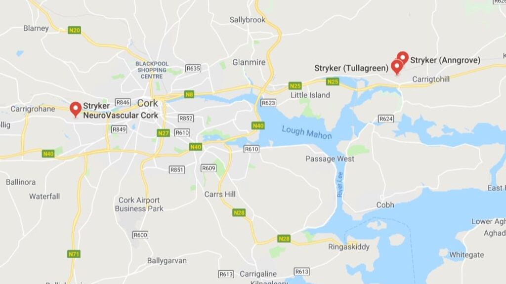 A Google Maps image showing the location of the Stryker plants in Co Cork.