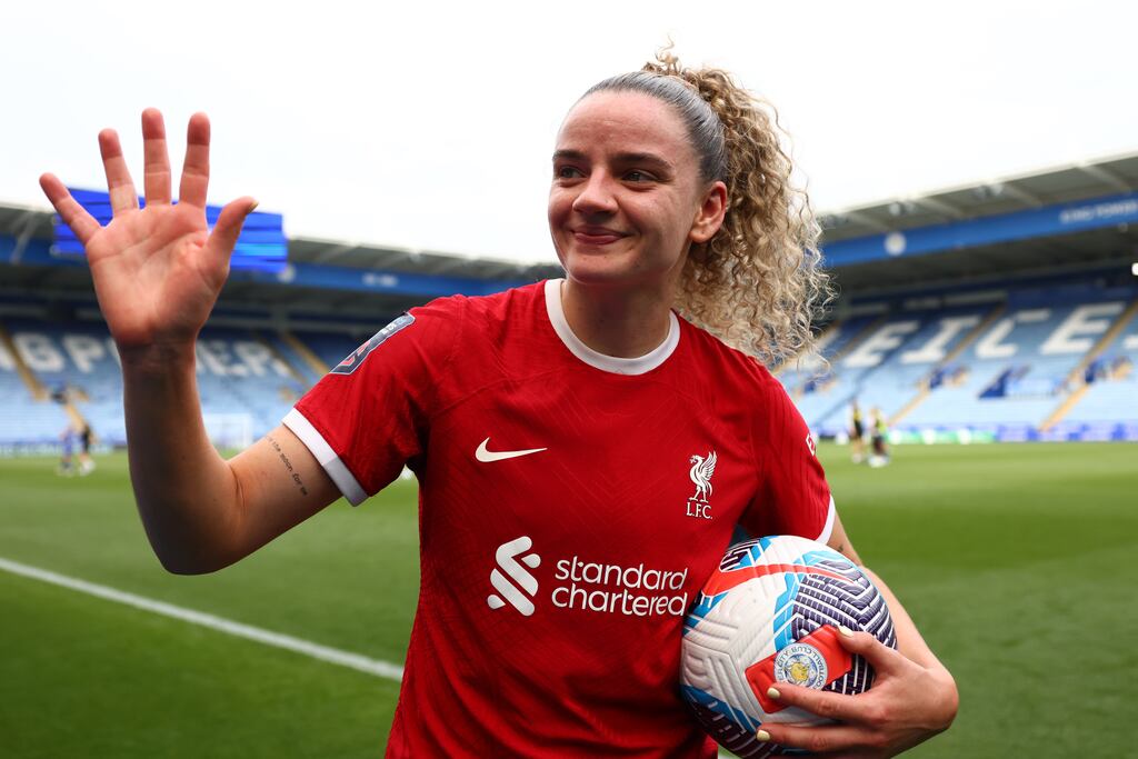 Leanne Kiernan: scored a hat-trick for Liverpool in the 4-1 win over Leicester at the King Power Stadium. Photograph: Marc Atkins/The FA via Getty Images