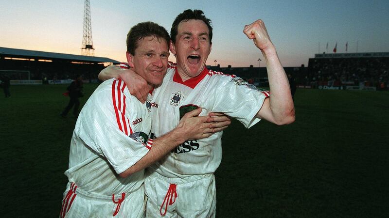 Declan Daly and John Caulfield celebrate victory over Shelbourne in the 1998 FAI Cup final. Photograph: Patrick Bolger/Inpho